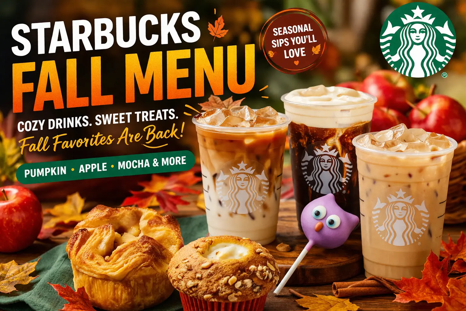Starbucks Fall Menu drinks and treats with pumpkin spice and apple beverages